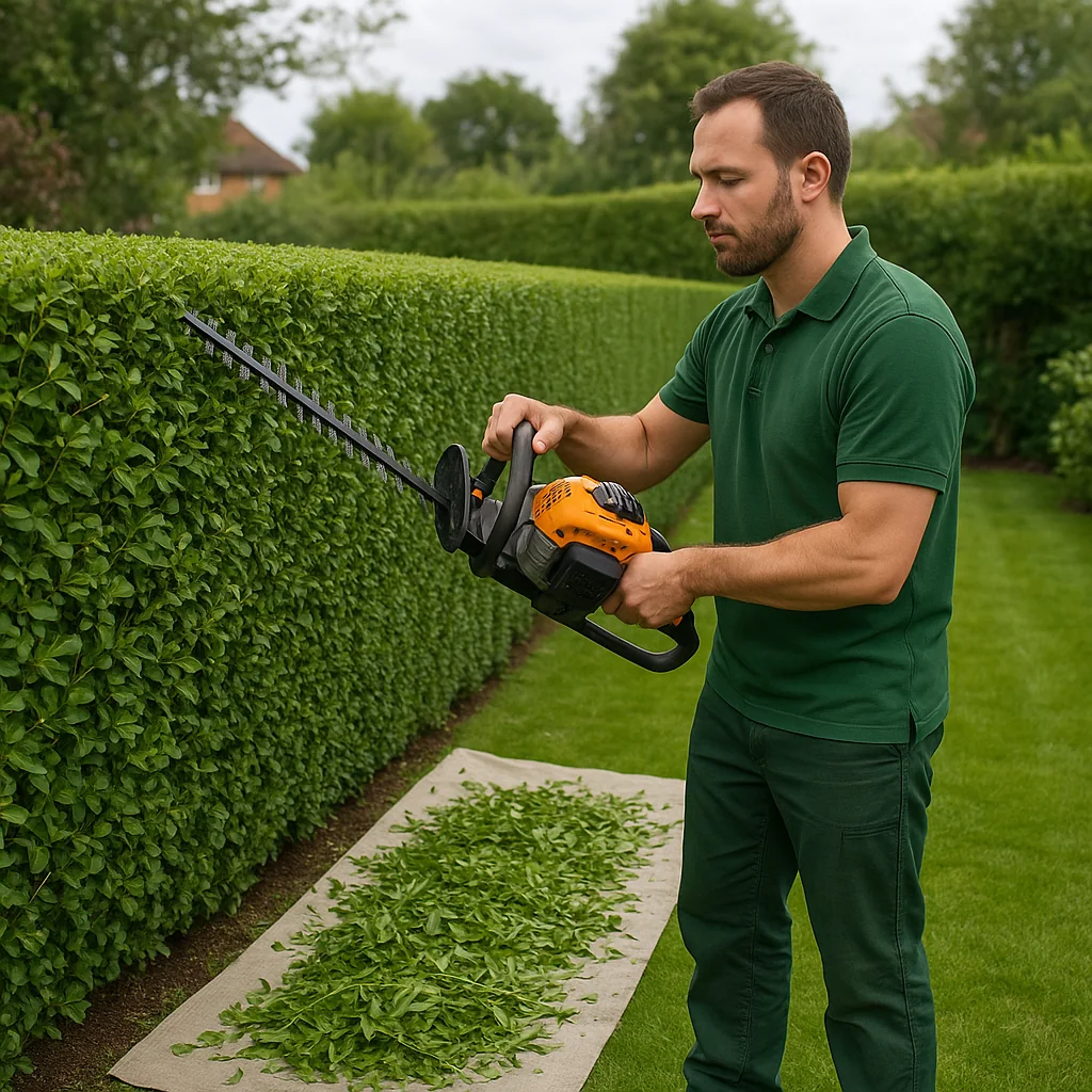 A gardener mowing a striped lawn behind a house in Ilkeston