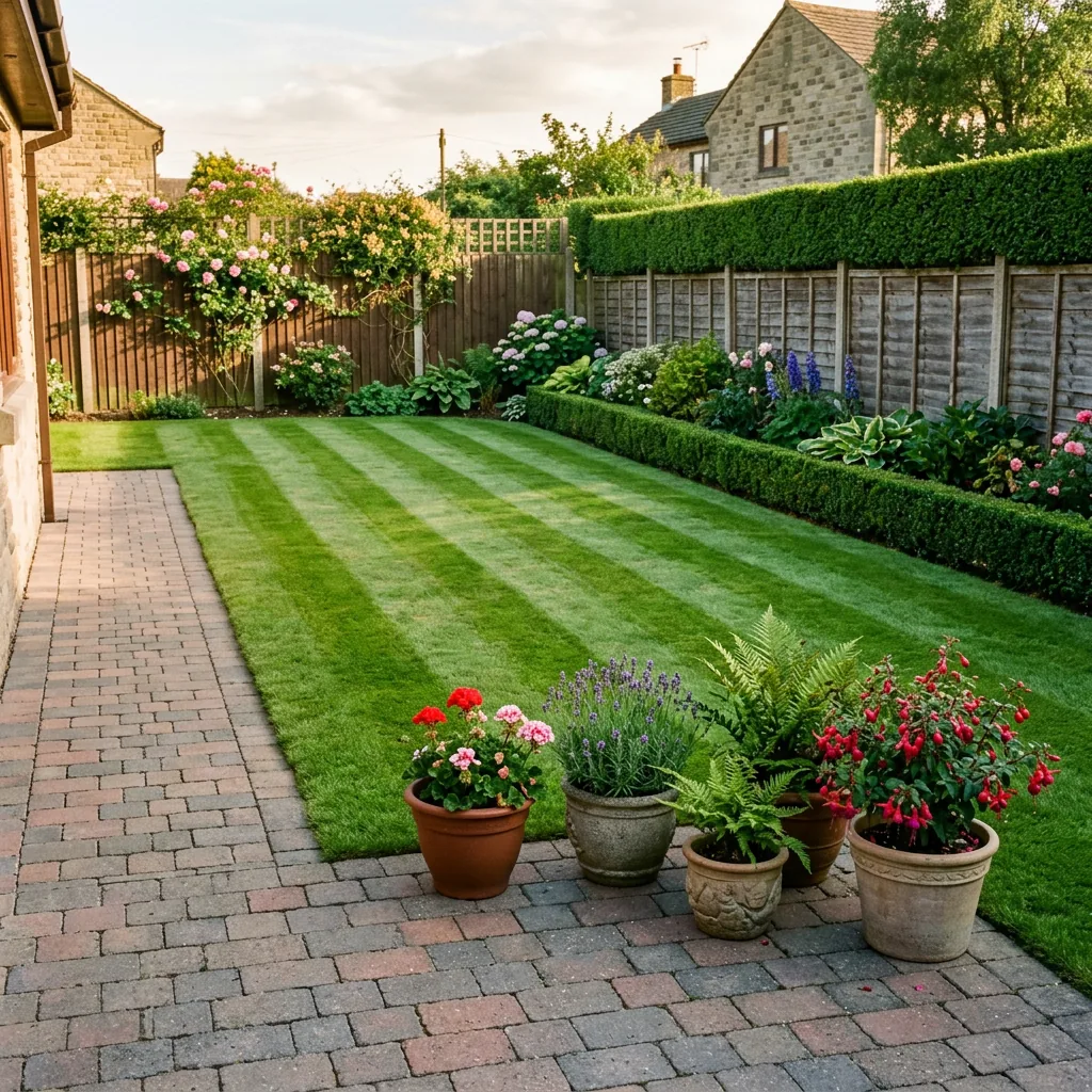 A striped lawn and swept patio after a garden tidy in Ilkeston